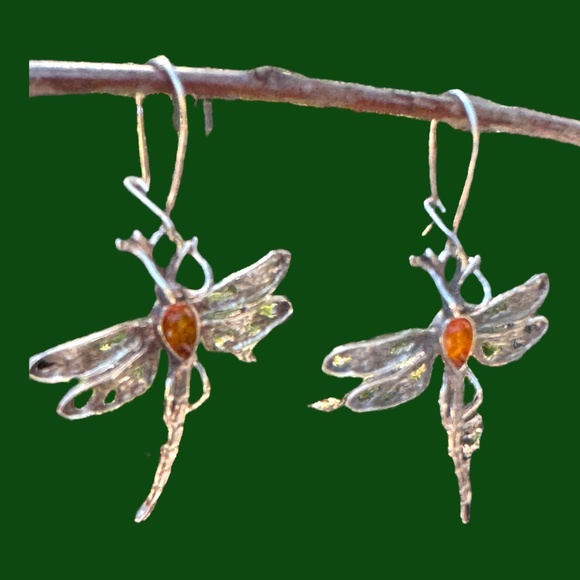 Dragonfly Amber & Sterling Silver 925 Vintage Dangle Earrings - Picture 8 of 9